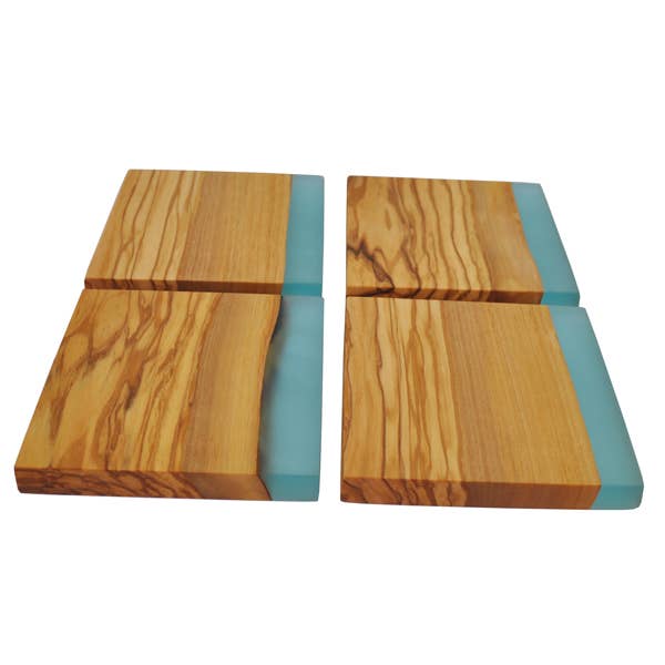Olive Wood Coasters with Blue Resin Edge - Set of 4