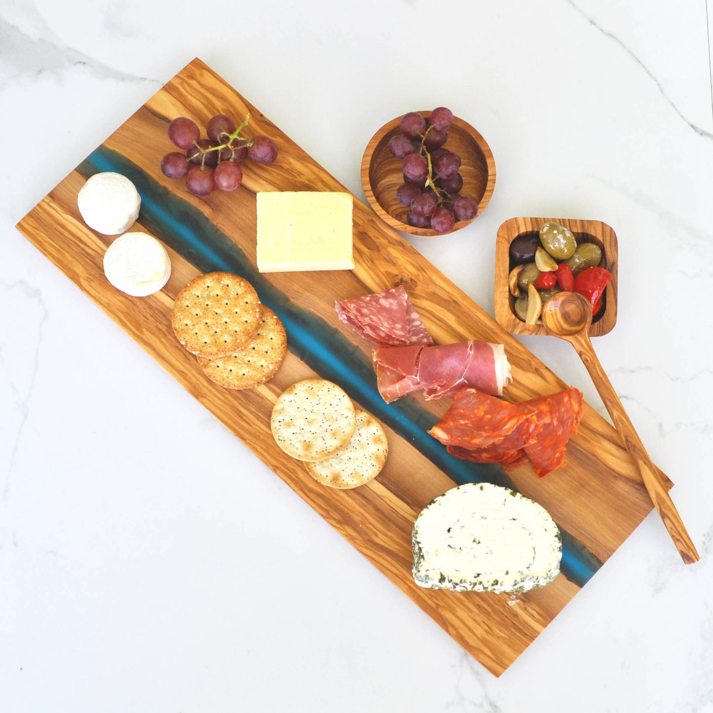 Olive Wood Cutting Board with River of Blue Resin - 15” x 6”