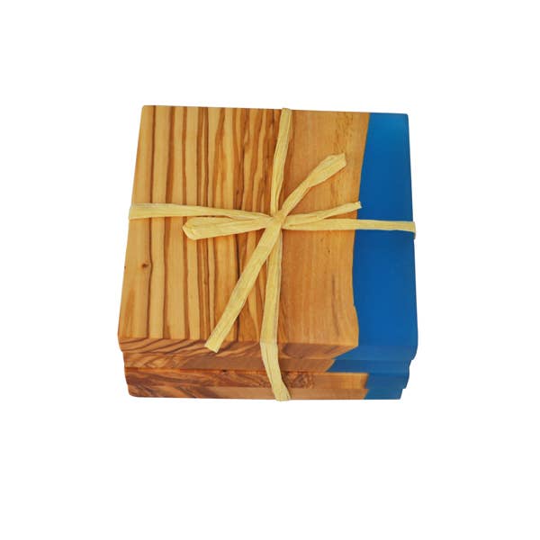 Olive Wood Coasters with Blue Resin Edge - Set of 4