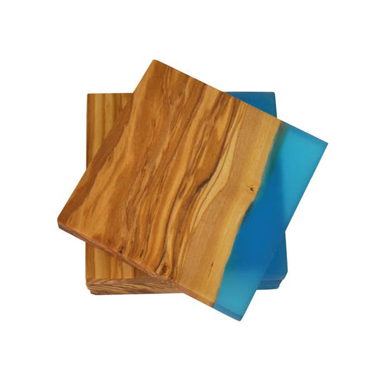 Olive Wood Coasters with Blue Resin Edge - Set of 4